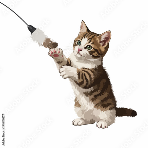 Cute playful kitten with striped fur reaching for feather toy. Striped kitten is engaged with interactive toy, showing curiosity and excitement.