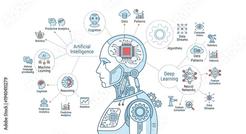 Hand drawn vector illustration of business people and a man with social media network icons for global internet communication technology concept