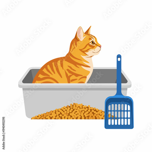 Cat sitting in litter box with food and scoop. Cat shows curiosity while perched in clean litter box filled with cat food. Ideal depiction of pet care and animal ownership concept.