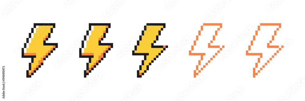 Fototapeta premium Pixel Lightning Energy Bar Vector Set Featuring 8bit Battery Power Charge Interface Indicator for Retro Video Game Health Status Design