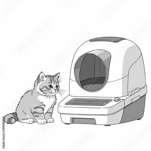 Cat beside modern litter box for easy clean-up. Cat explores innovative design of litter box with smooth lines and spacious entrance. Concept cat care and pet hygiene for cat owners.