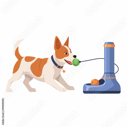 Dog playing with automatic ball launcher and enjoying fetch game with green ball. Pet dog interacts with fun toy for dogs, encouraging playful behavior and exercise outdoors. Concept dog playtime.