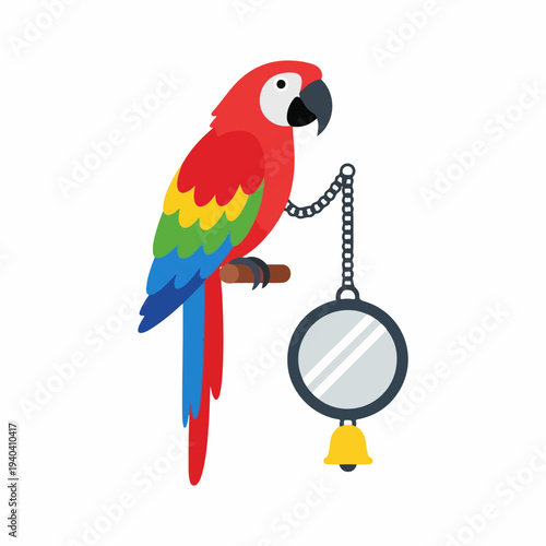 Colorful parrot sitting on branch holding mirror and bell. Parrot displays vibrant red, green, and blue feathers while interacting with shiny mirror and bell.