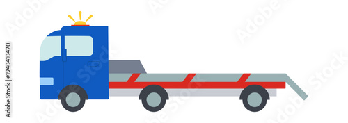 Blue tow truck isolated on white background. Special vehicle with broken platform and orange flashing beacon. Color icon, vector illustration. Suitable for transport services and logistics web design.