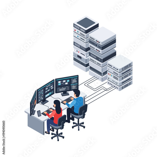 IT professionals managing server racks in a data center.