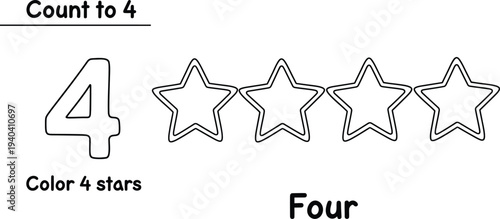 Colouring page for kids count to 4 with four stars to color