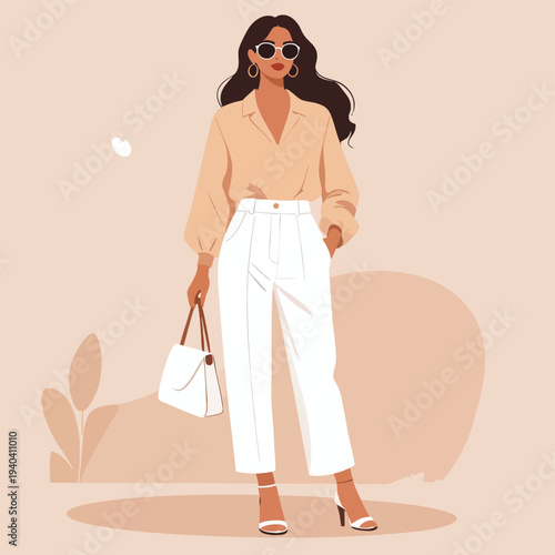Woman wearing sunglasses and white pants poses confidently outdoors