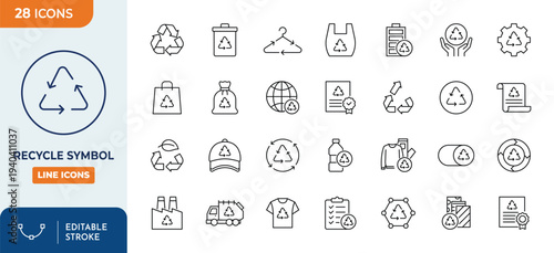Recycle symbol icon set. Outline icons collection. editable stroke. Vector illustration