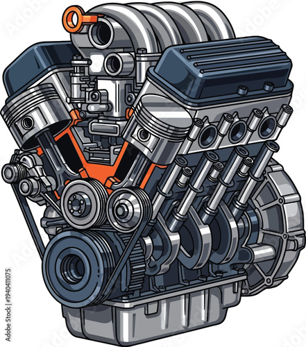 Detailed Cutaway View of a V8 Engine with Internal Components Visible.