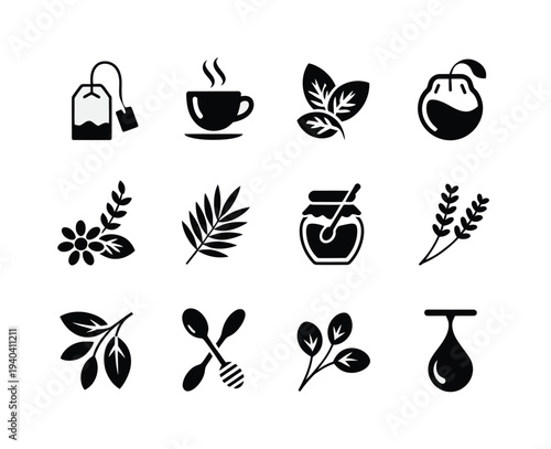 Wellness Herbal Tea Icons Tea Cup Mint Leaves Symbol Vector