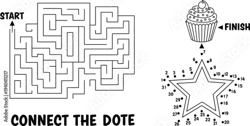 Colouring page fun maze and connect the dots activities for kids