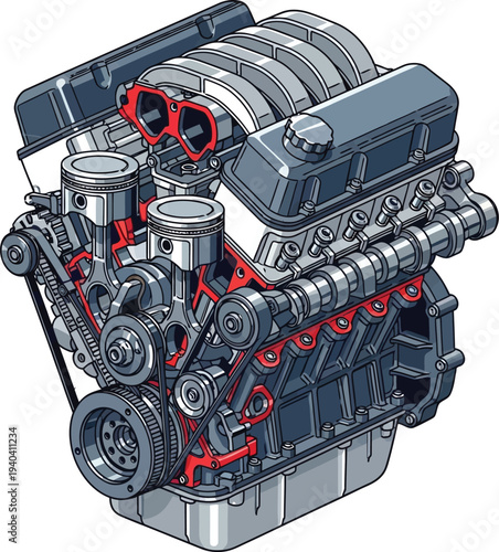 Detailed Cutaway View of a Modern V8 Internal Combustion Engine.