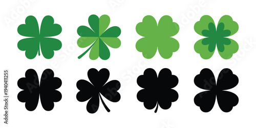 Four Leaf Clover Icon, vector illustration of shamrock with green leaves, Irish luck symbol, St. Patrick’s Day theme, flat design heart-shaped leaves