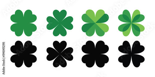 Four Leaf Clover Icon, vector illustration of shamrock with green leaves, Irish luck symbol, St. Patrick’s Day theme, flat design heart-shaped leaves