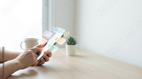 スマートフォンで顧客評価カードを操作する日本人の手元