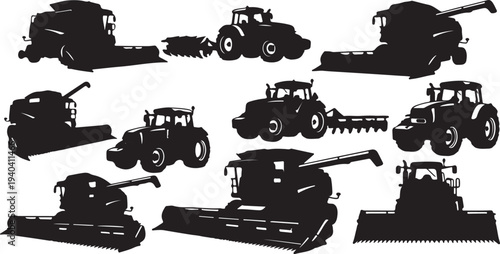 black old tractor silhouette on white background