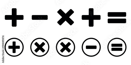 Plus Minus Multiply Divide and Equal Sign Icon Vector Design Set Showing Clean Arithmetic Symbols for Calculator and Learning Use