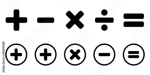 Mathematical Arithmetic Symbol Icon Vector Set Featuring Plus, Minus, Multiply, Divide and Equal Signs for Education and Interface Design