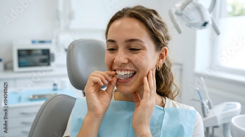 Young Woman Inserting Clear Aligners in Dental Clinic