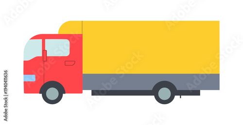 Delivery truck isolated on white background. Red refrigerator vehicle with yellow cargo body for food transportation. Color icon, vector illustration, flat style.
