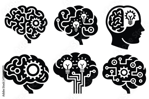Black, and white human brains with mechanical parts and gears, creative artificial intelligence concept, cognitive technology system design, innovation thinking symbol, editable vector illustration 