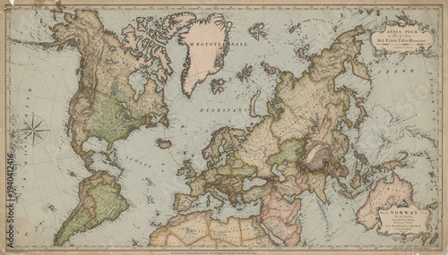 A detailed antique world map, showcasing historical cartography with hand-colored continents and ocean depths, evoking a sense of exploration and global history