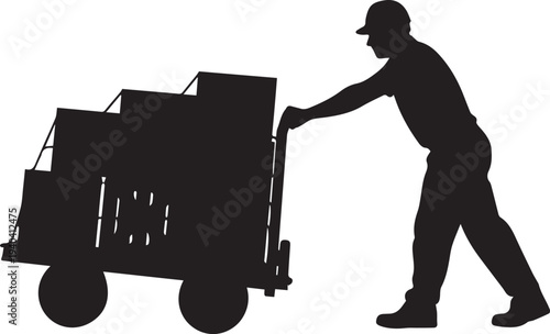 Delivery worker silhouette pushing heavy hand truck full of cardboard box vector graphics