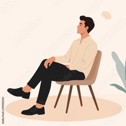 A man sits on a chair in a relaxed position with a thoughtful expression indoors.