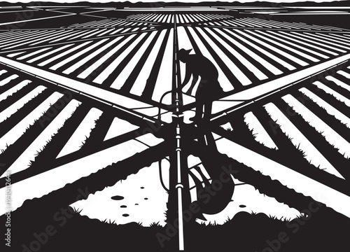 Irrigation system watering crops in a farm field vector silhouette illustration