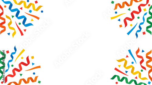 Colorful party confetti and streamers frame on black background with copy space.