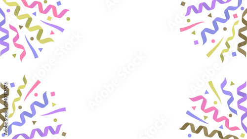 Colorful party confetti and streamers frame on black background with copy space.