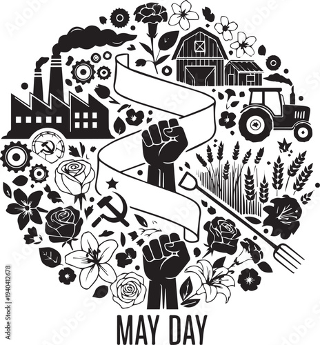 May day celebration vector silhouette illustration with industry farm and labor symbols