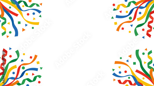 Colorful party confetti and streamers frame on black background with copy space.