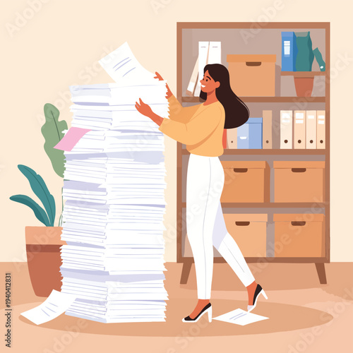 Woman organizing paperwork in an office setting with files and office supplies