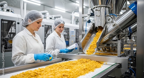 Modern Production Line with Two Female Workers Inspecting Cereal Flakes Food