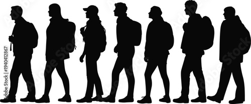 Vector illustration of seven diverse silhouettes walking with backpacks representing students, travelers, daily commute, lifestyle, diversity, and modern movement.