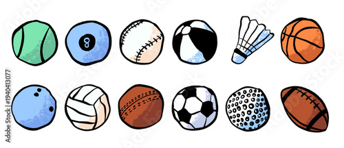 Colorful hand-drawn illustration set of various sports balls arranged in two rows on a white background. perfect for sports themes, education, posters, and kids design projects