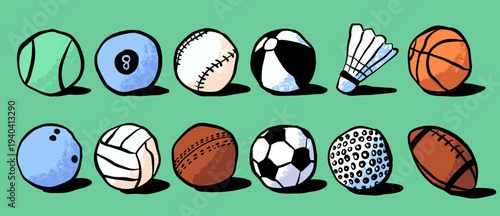 Colorful hand-drawn illustration set of various sports balls arranged in two rows on a green background. perfect for sports themes, education, posters, and kids design projects