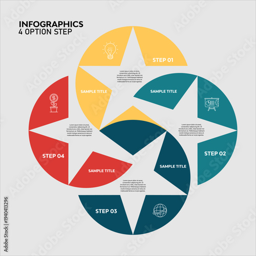 Infographic shape stars with 4 step options for business presentation, vector editable illustration.