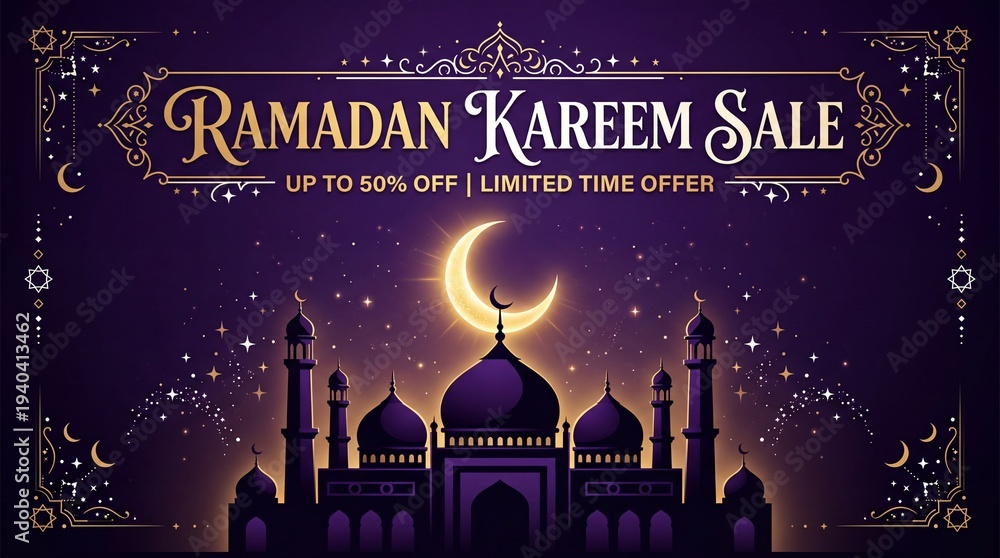 Naklejka premium Ramadan Kareem Sale Promotional Background with Mosque and Crescent Moon