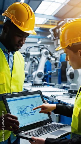 Factory engineers discuss blueprints on a laptop in a modern factory. Man and woman workers in hard hats stand near a robotic arm. Team checks robot data on the laptop. Automation drives the factory.