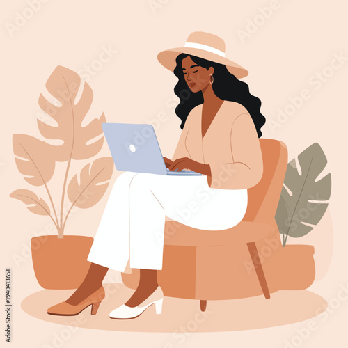 Woman sits on chair using laptop beside plants at home indoors