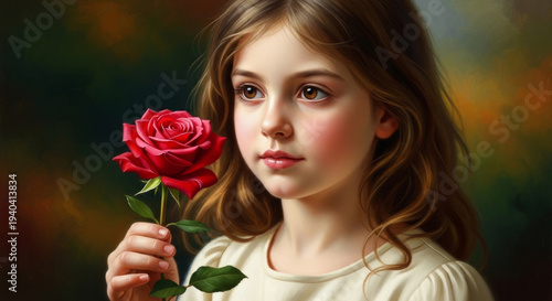 Young girl with a serene expression holding a red rose against a blurred background