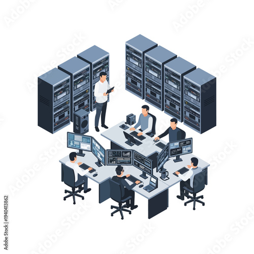 IT professionals working in a data center with server racks.