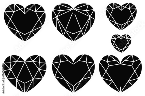 Black, faceted heart shaped gemstones on white background, luxury crystal jewel collection, romantic love symbol design, sparkling precious stone concept, elegant decorative vector illustration.