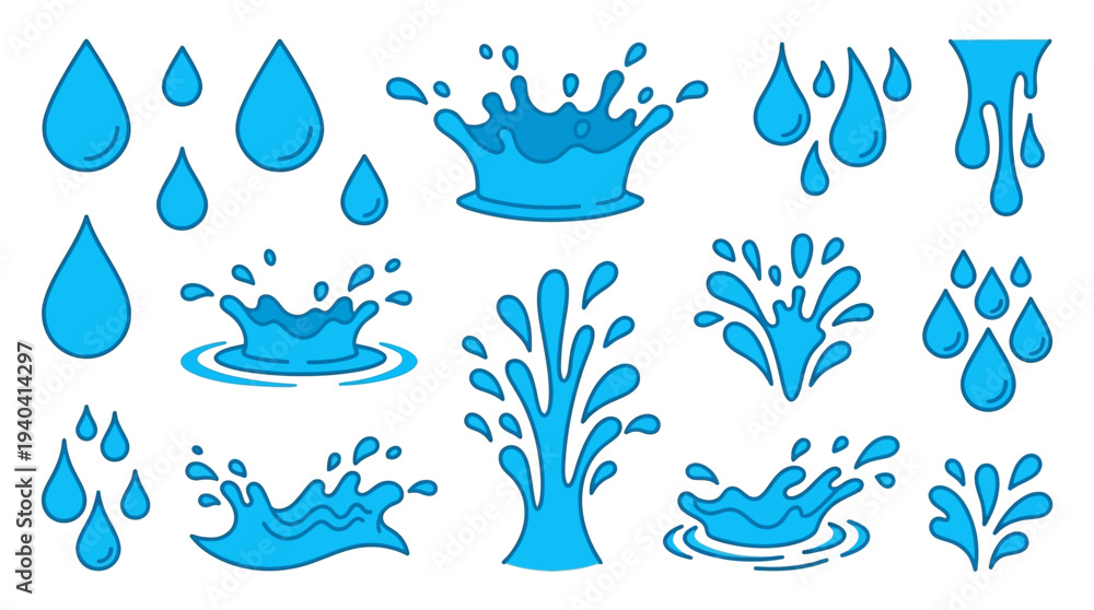 Naklejka premium Various blue water splash illustrations showcasing droplets and splashes in different styles