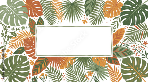 Vibrant tropical foliage frame featuring diverse leaves and flowers, ideal for invitations or decor