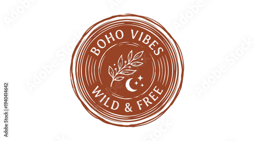 Artistic boho-style logo featuring leaves and celestial symbols on a textured background