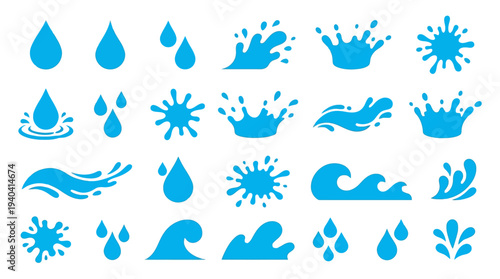 Various blue water splash and droplet icons showcasing motion and fluidity against a white background