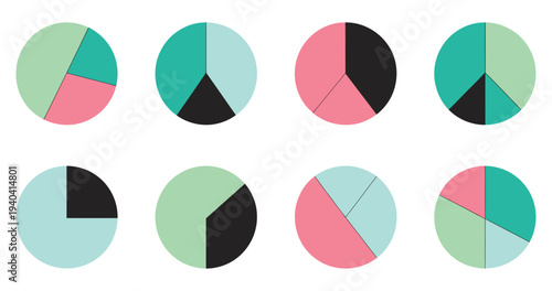 Pie Chart Infographics, colorful vector illustrations of circle diagrams, business statistics, process cycles, and data visualization elements for reports